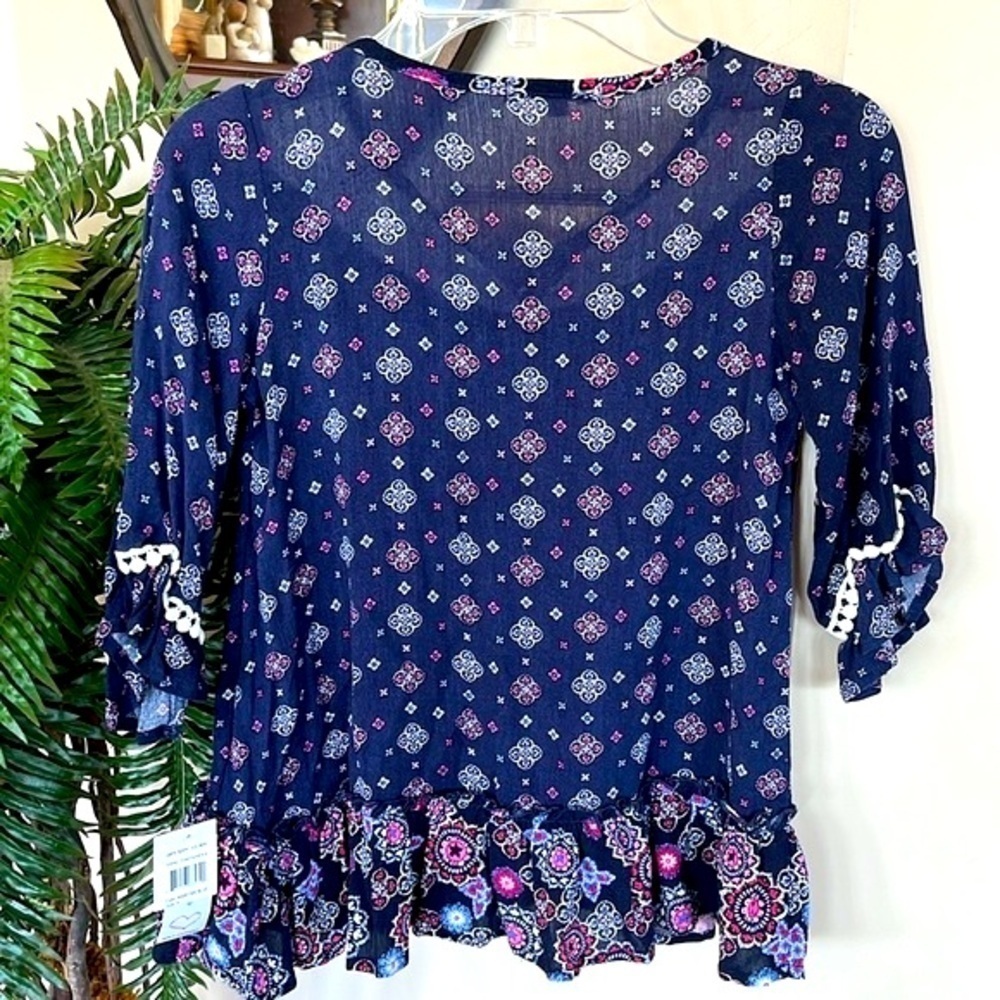 Brand New Self Esteem Blue Peasant Top w/ Lace Accent Ruffle Boho Blouse - Picture 8 of 13